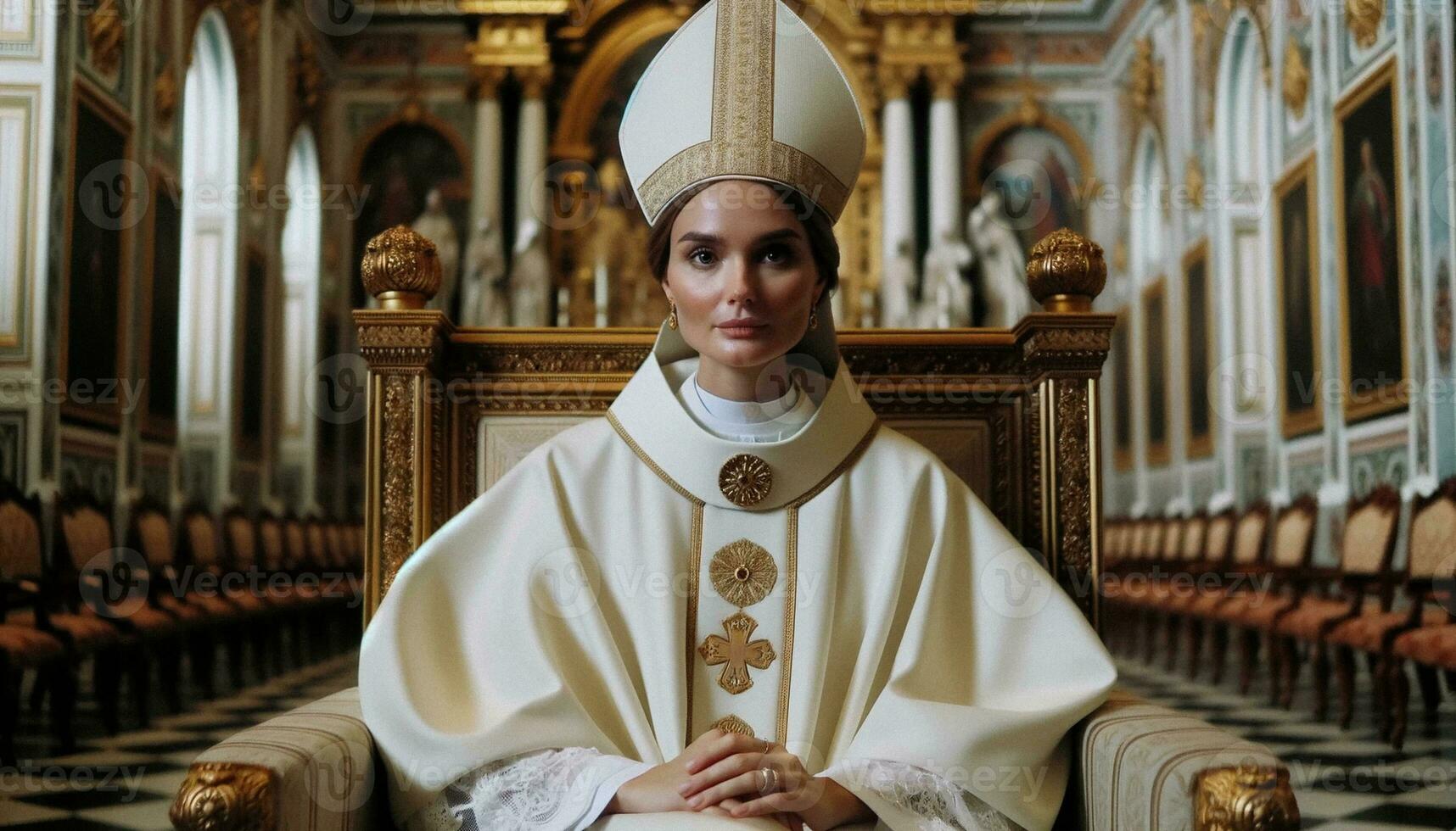 storico momento giovane donna eletto papa nel cattolico insegne regali. generativo ai foto