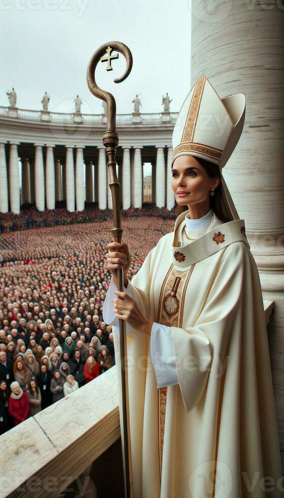 storico momento femmina papa eletto su Vaticano balcone. generativo ai. foto