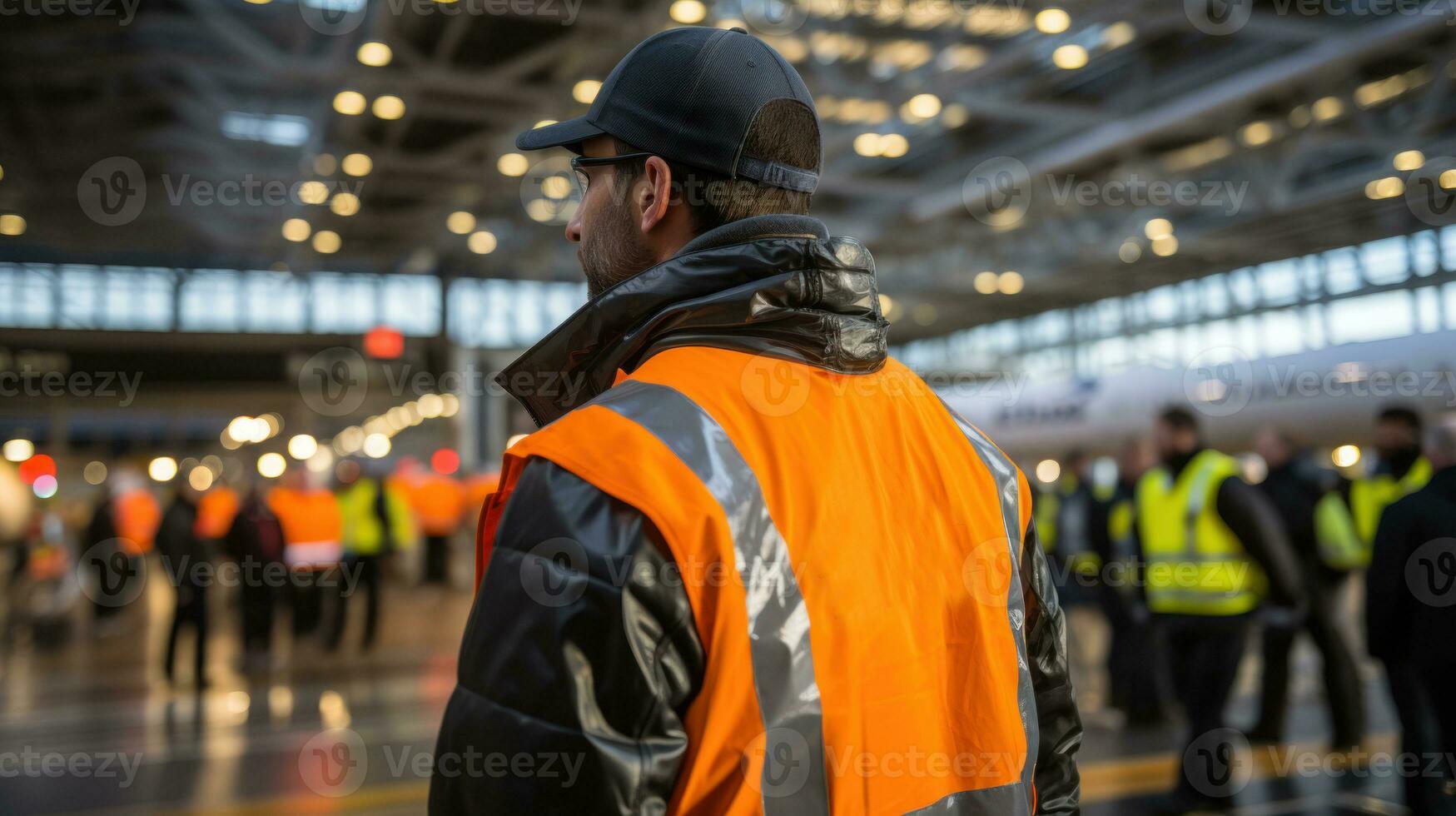 posteriore Visualizza di un' uomo nel un' sicurezza giacca e un' berretto in piedi nel davanti di un' folla di persone nel aeroporto. foto