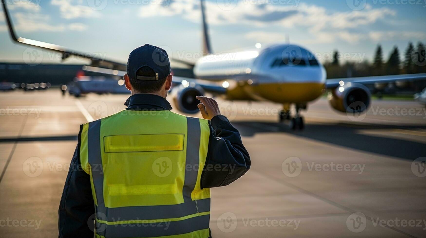 posteriore Visualizza di aria traffico controllore nel davanti di aereo a aeroporto. foto