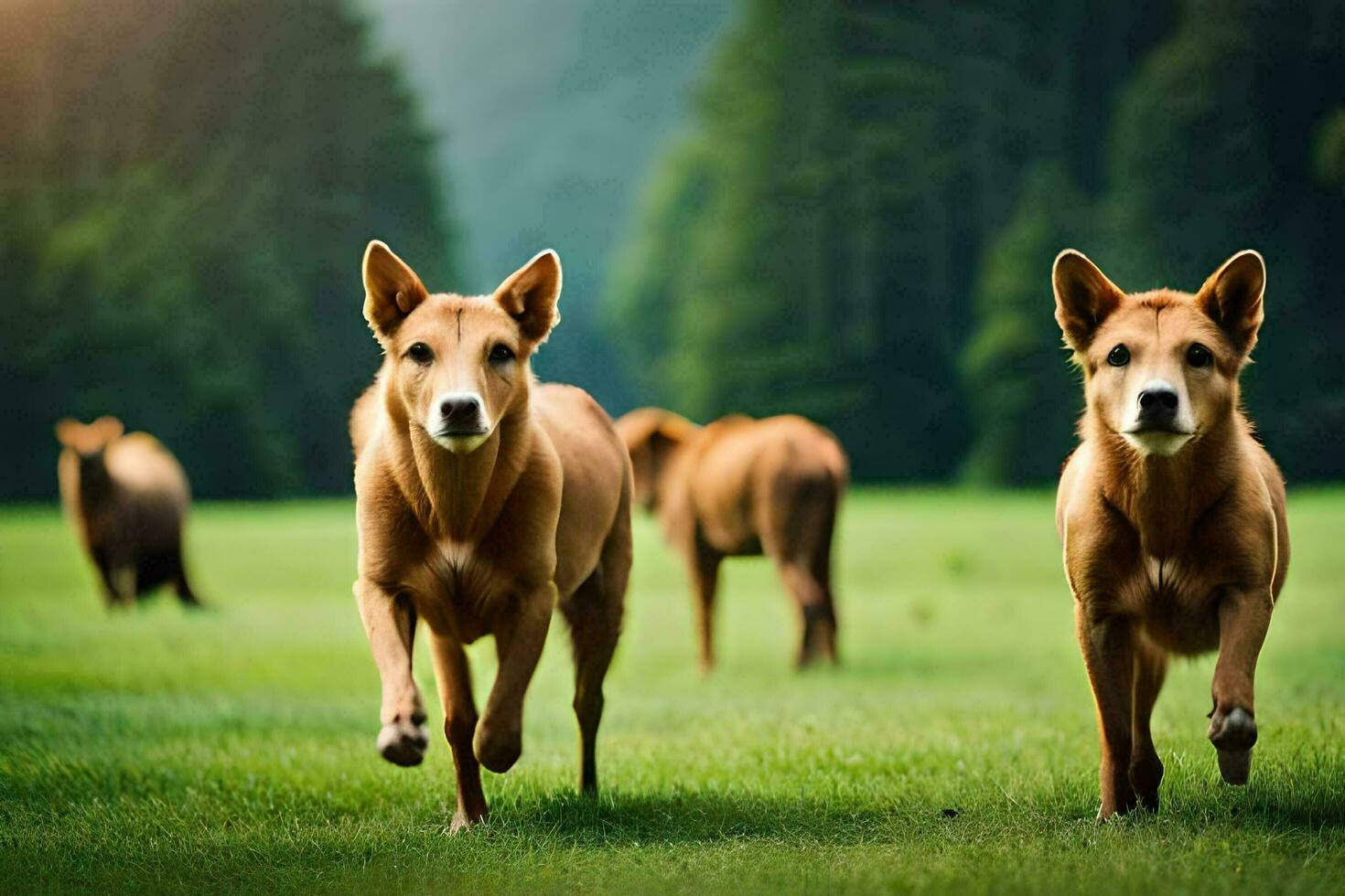 tre Marrone cani in esecuzione nel il erba. ai-generato foto