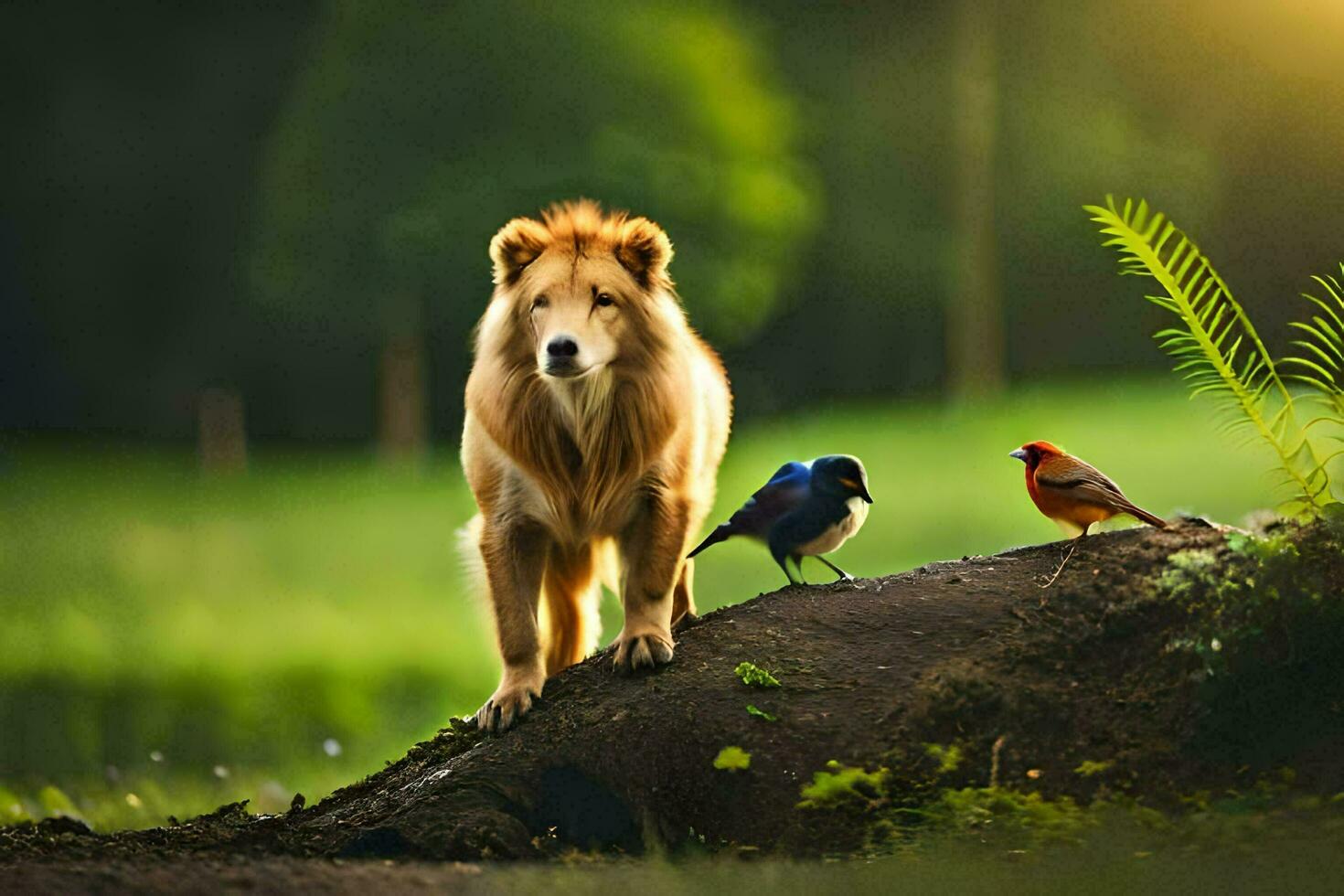 un' Leone e un' uccello in piedi su un' roccia nel il mezzo di un' foresta. ai-generato foto