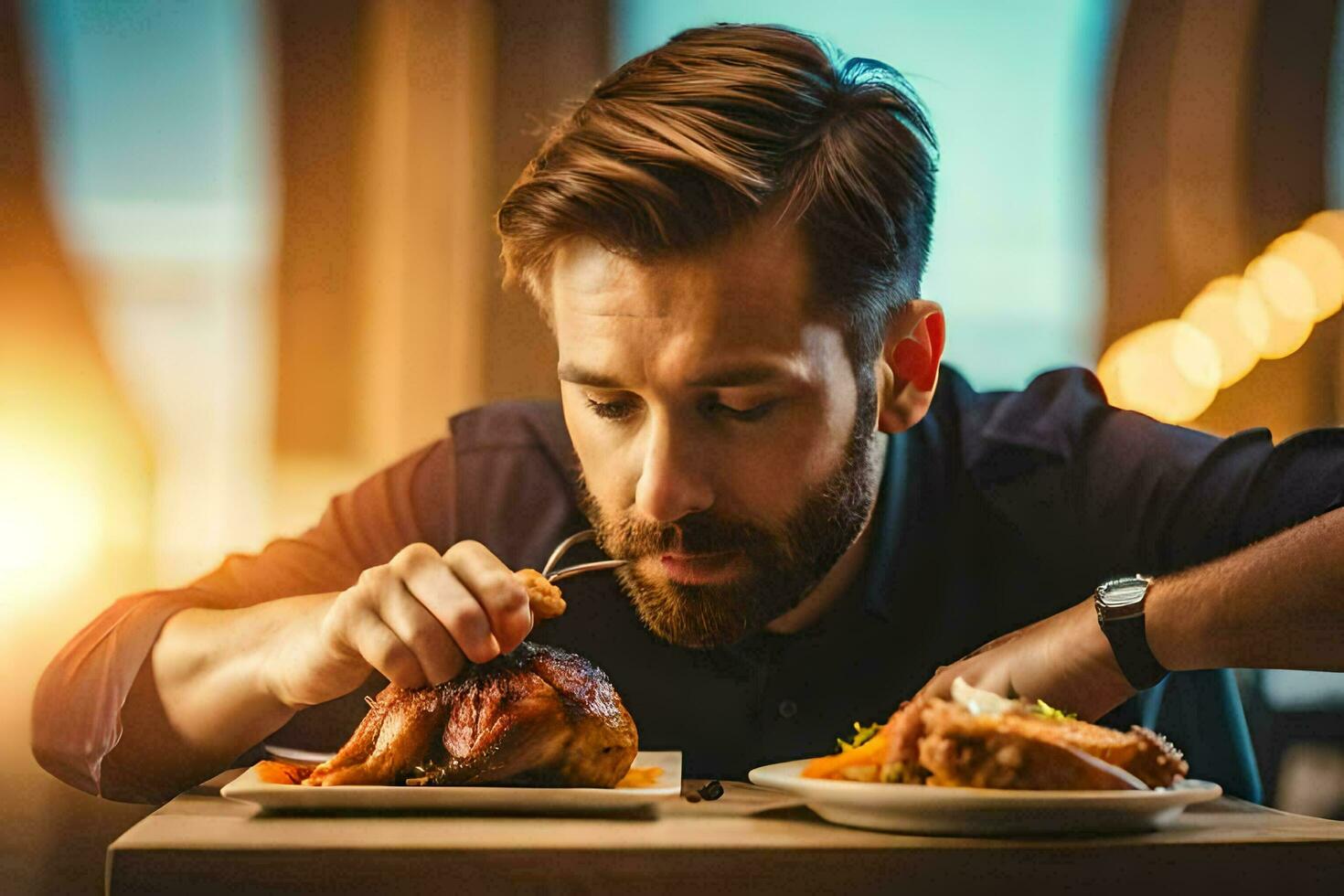 un' uomo mangiare un' pasto a un' ristorante. ai-generato foto