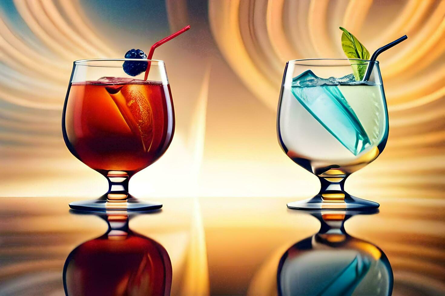 Due bicchieri di cocktail con ghiaccio e frutta. ai-generato foto