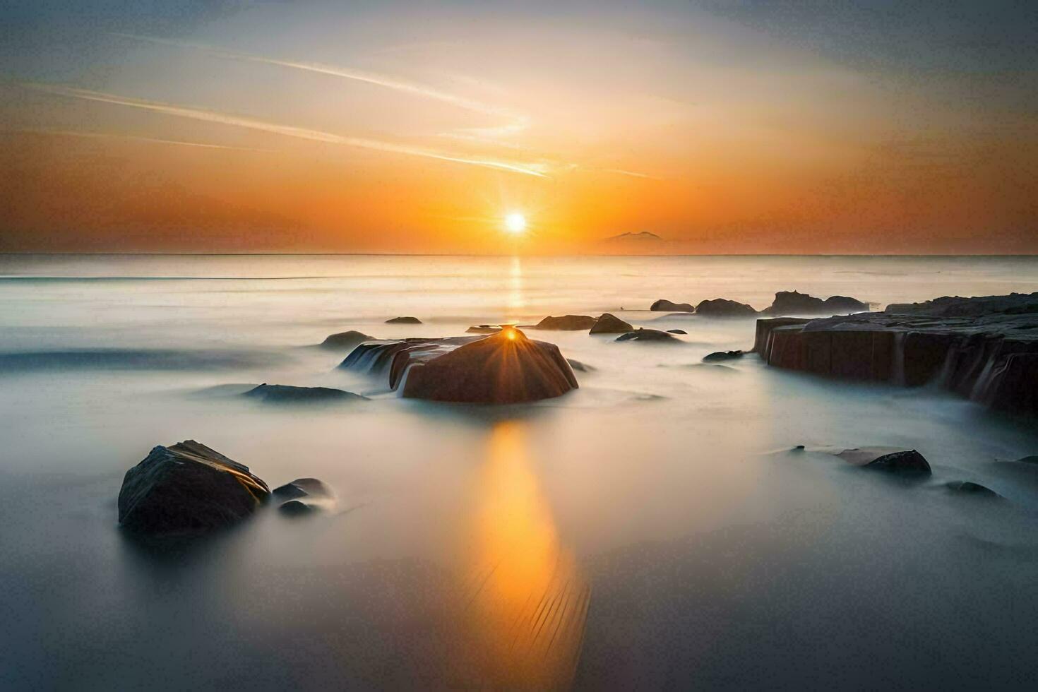 il sole sorge al di sopra di il oceano e rocce. ai-generato foto