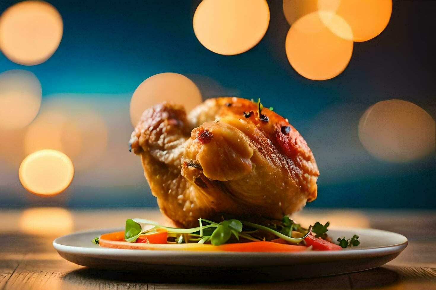 un' pollo su un' piatto con un' bokeh sfondo. ai-generato foto