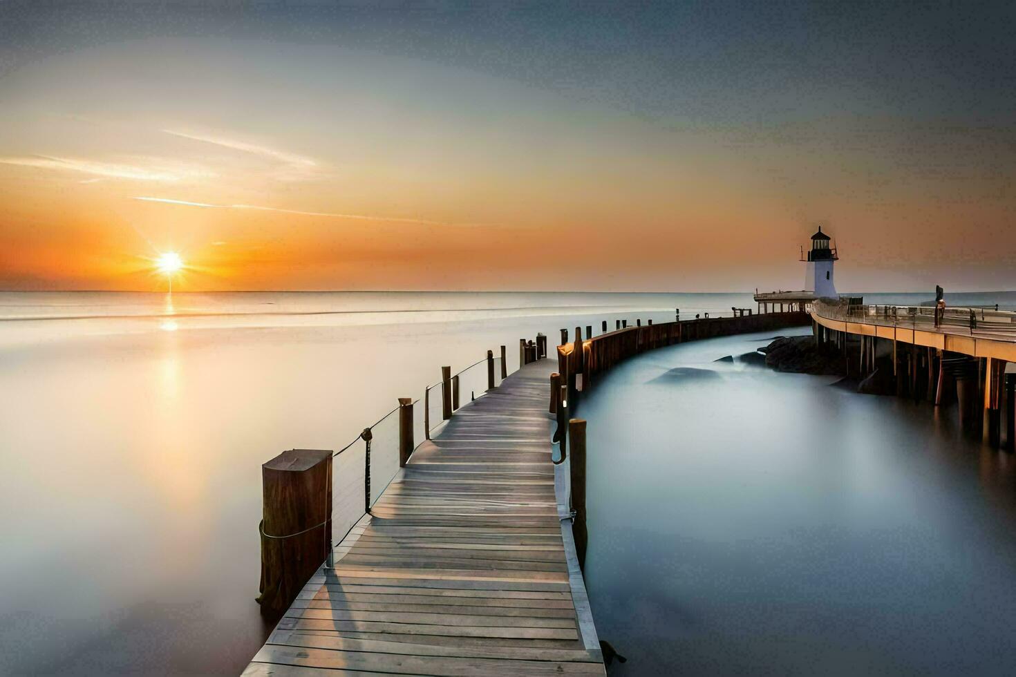 un' lungo esposizione fotografia di un' molo a tramonto. ai-generato foto