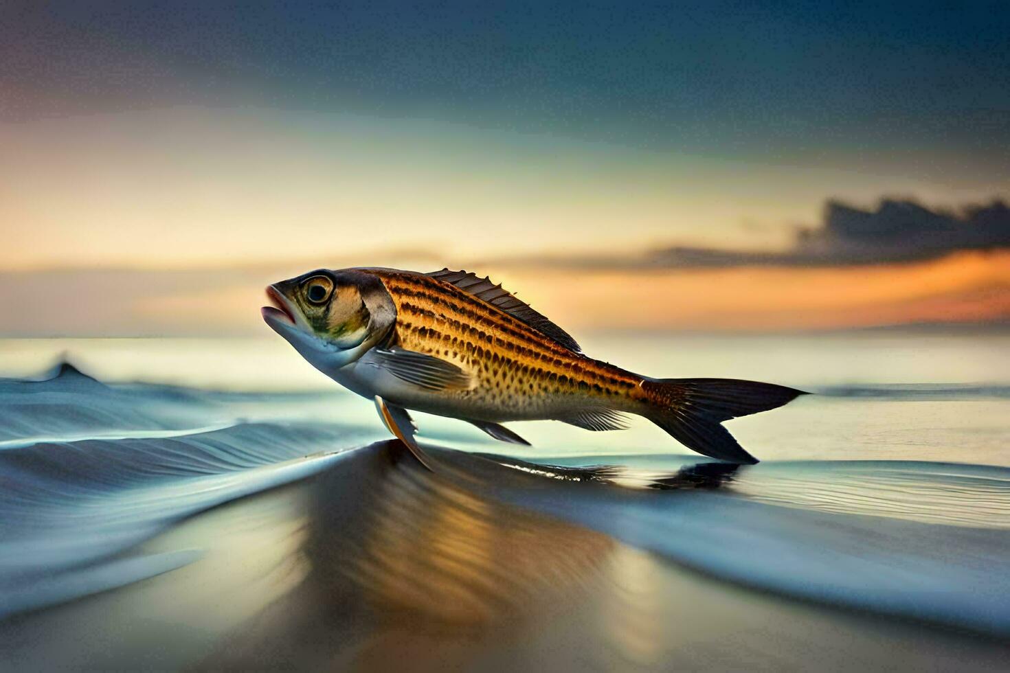 un' pesce è in piedi su il spiaggia a tramonto. ai-generato foto