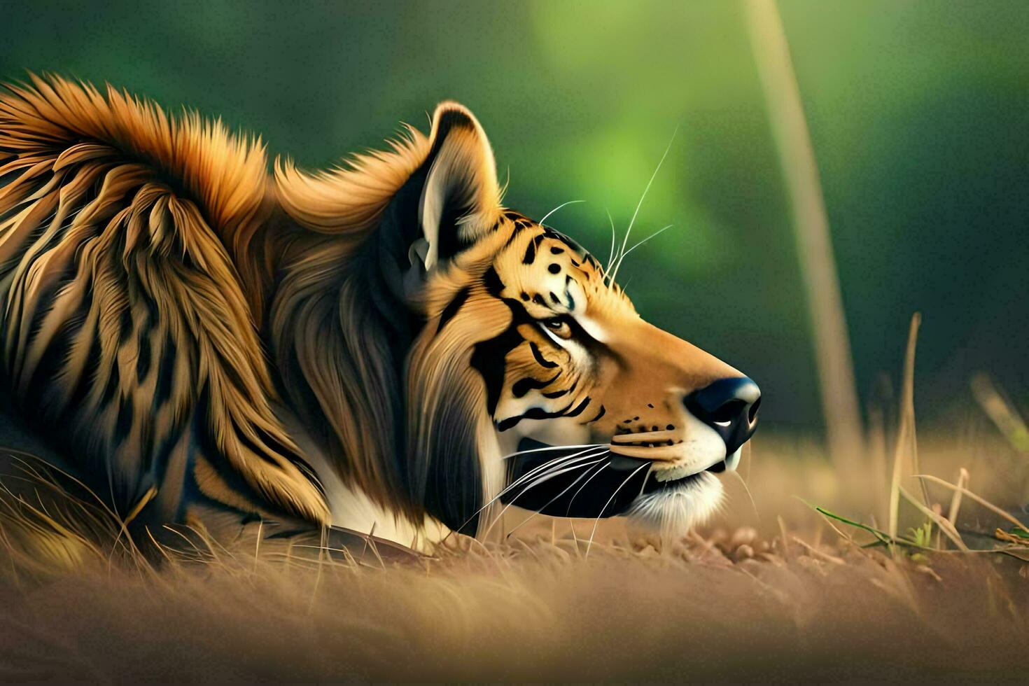 un' tigre posa giù nel il erba con suo testa trasformato per il lato. ai-generato foto