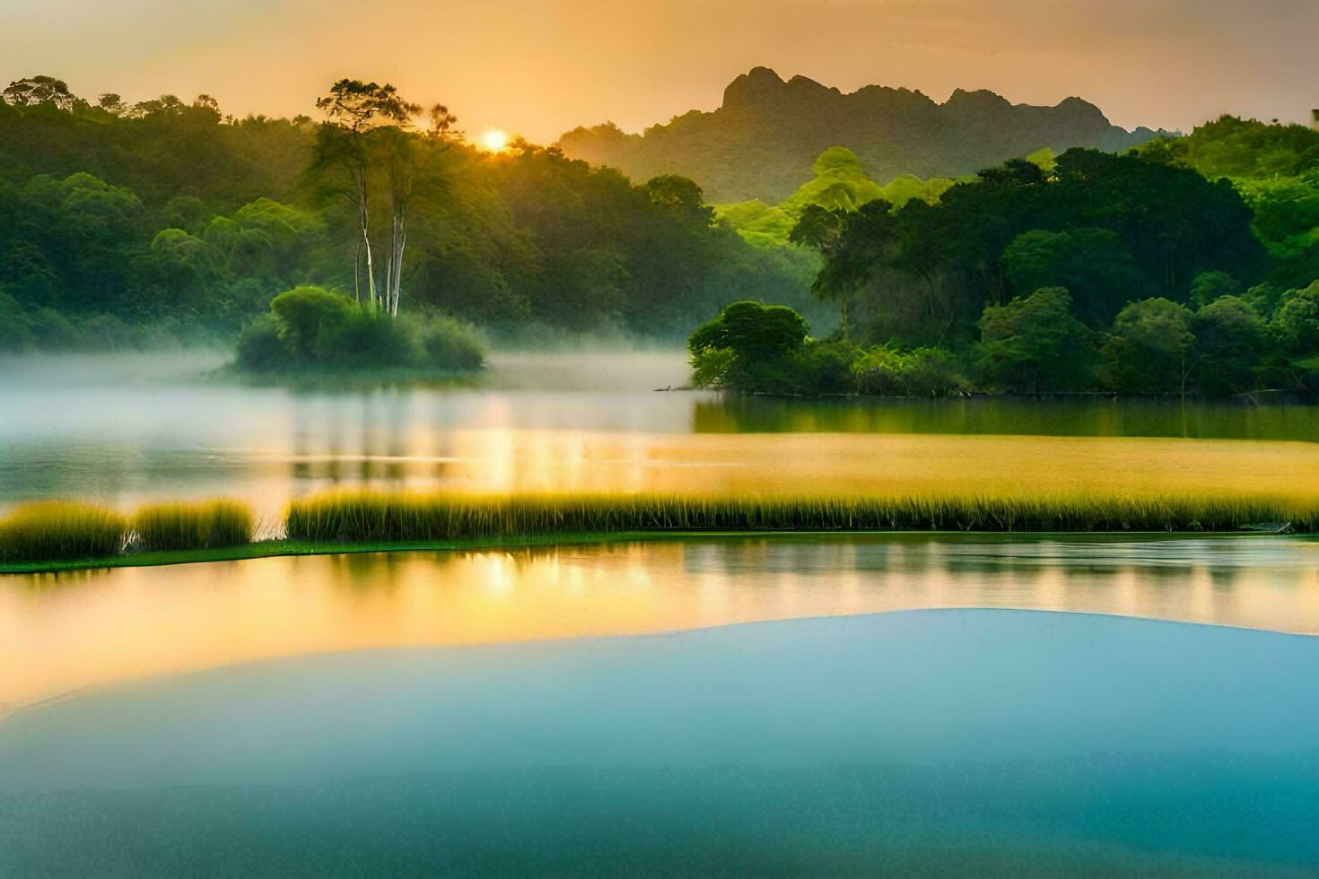 un' bellissimo Alba al di sopra di un' lago nel il foresta. ai-generato foto