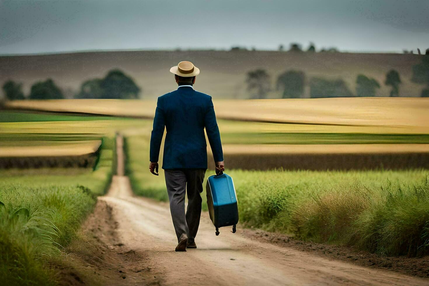 un' uomo nel un' completo da uomo e cappello passeggiate giù un' sporco strada con un' valigia. ai-generato foto