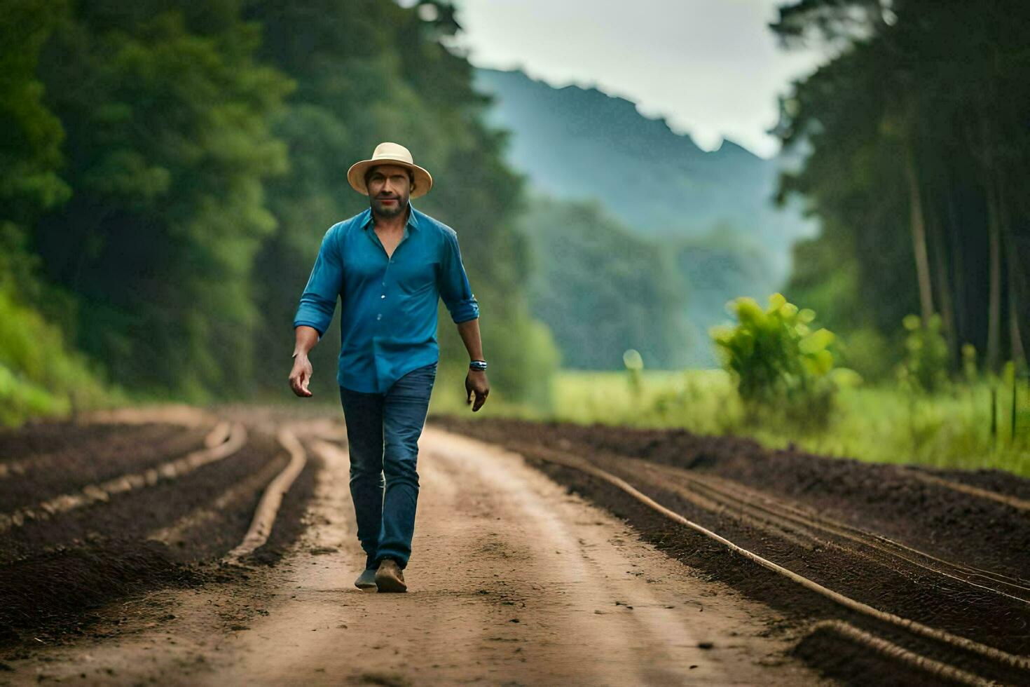 un' uomo nel un' cappello passeggiate giù un' sporco strada. ai-generato foto