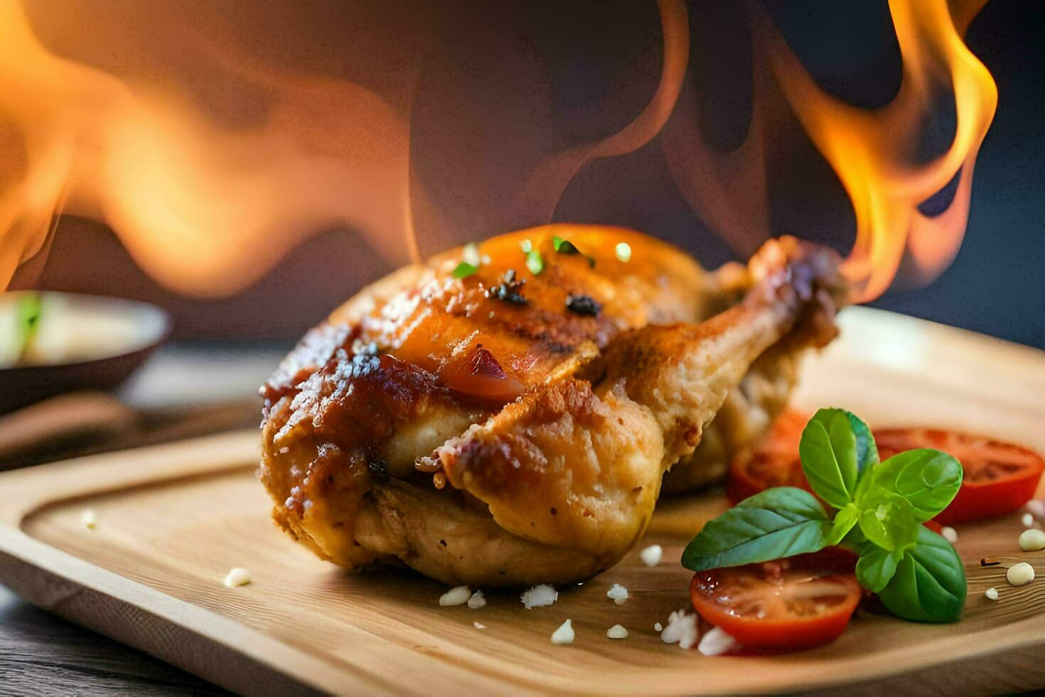 un' pollo è su un' di legno taglio tavola con fuoco. ai-generato foto