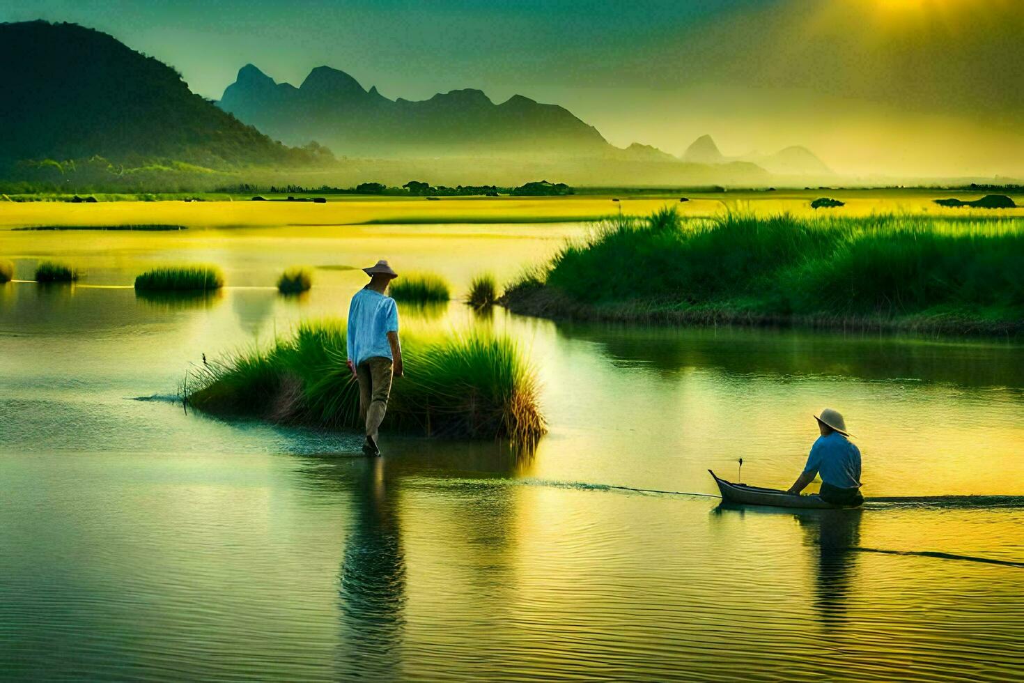Due uomini nel un' barca su un' fiume con montagne nel il sfondo. ai-generato foto