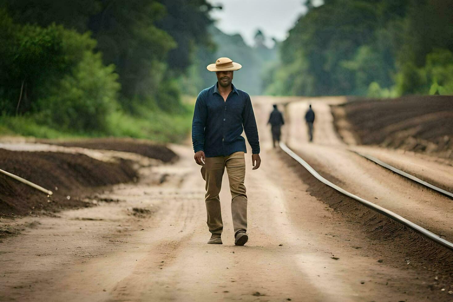 un' uomo nel un' cowboy cappello passeggiate giù un' sporco strada. ai-generato foto