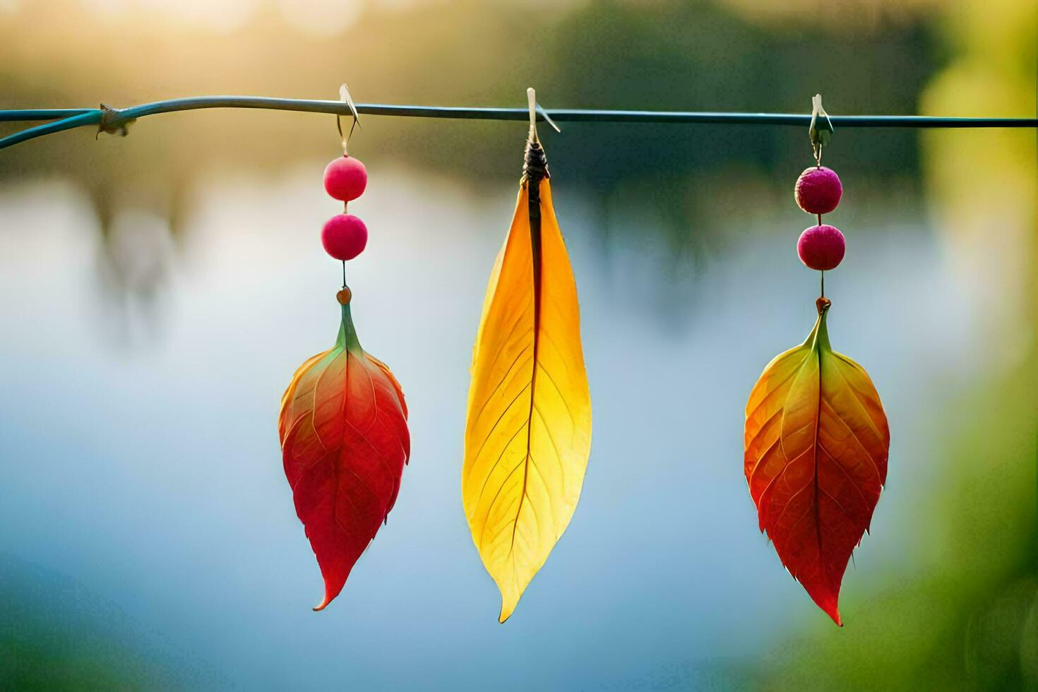 tre colorato le foglie appendere a partire dal un' filo. ai-generato foto