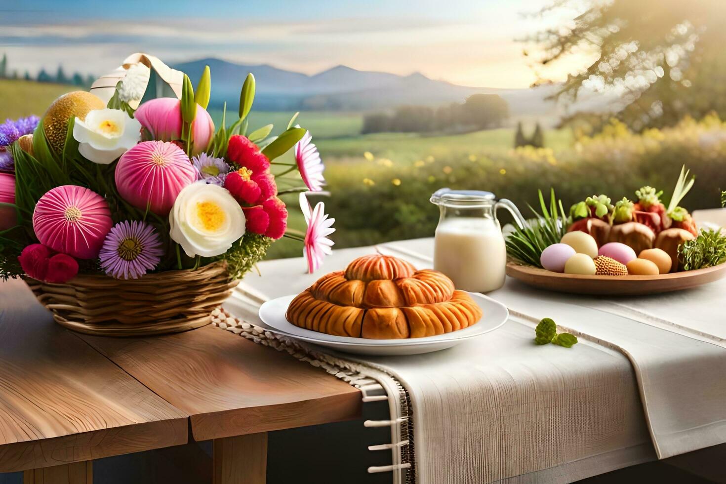 un' tavolo con un' cestino di fiori e un' torta. ai-generato foto