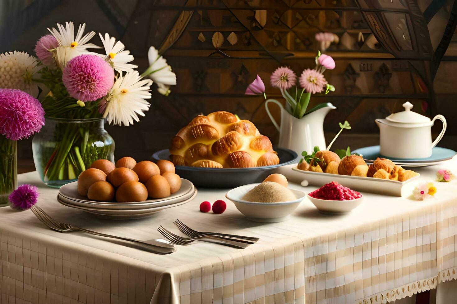 un' tavolo con fiori e cibo su esso. ai-generato foto