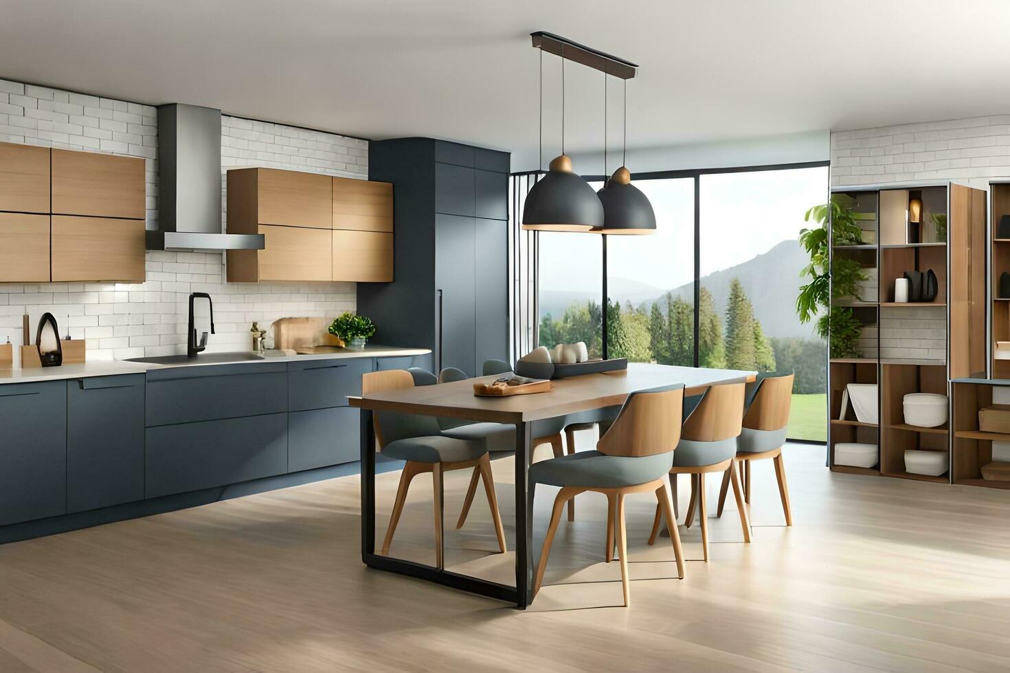 moderno cucina con blu armadietti e di legno pavimentazione. ai-generato foto