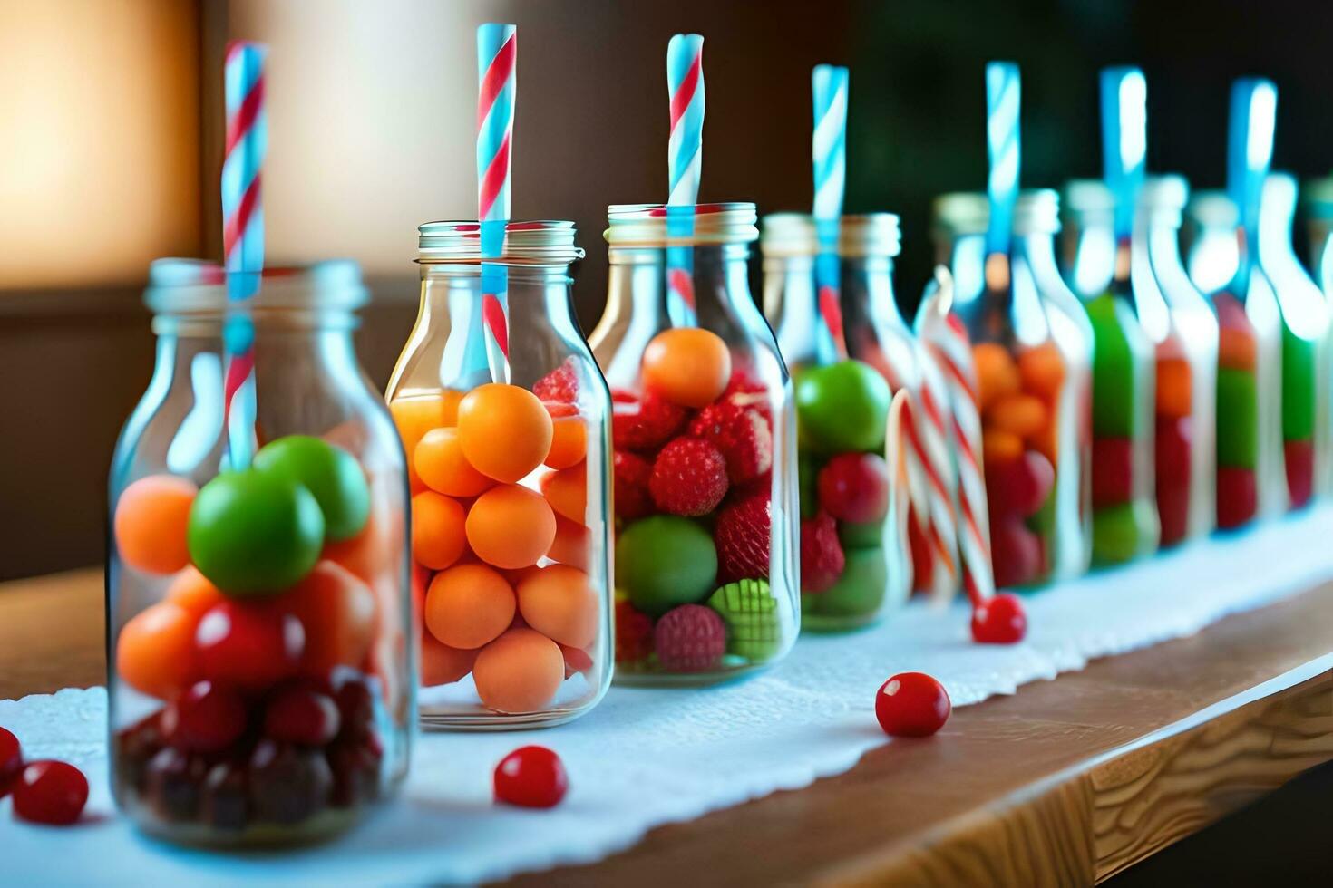 un' lungo tavolo con molti barattoli pieno con frutta. ai-generato foto