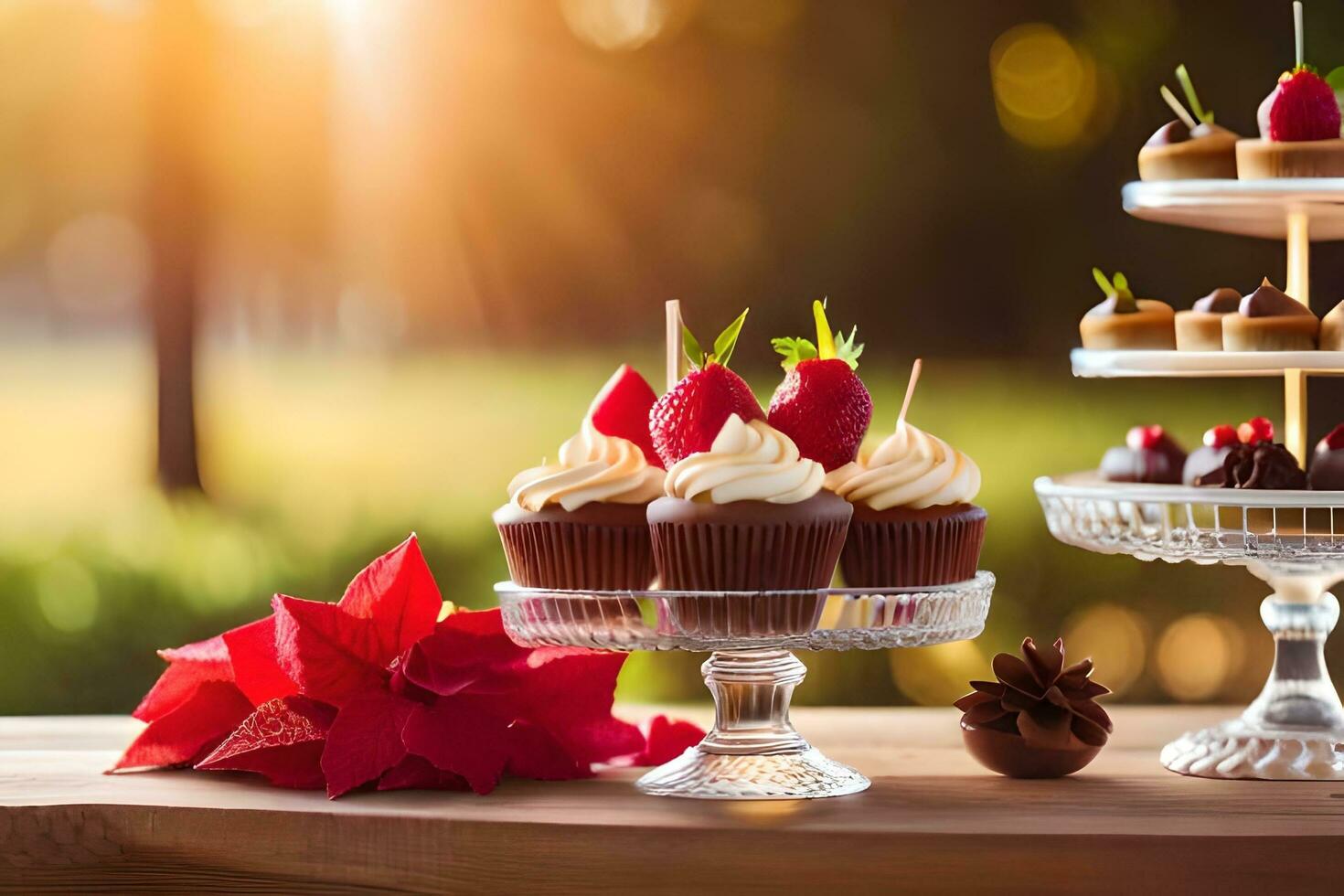 un' tavolo con cupcakes e fragole su esso. ai-generato foto