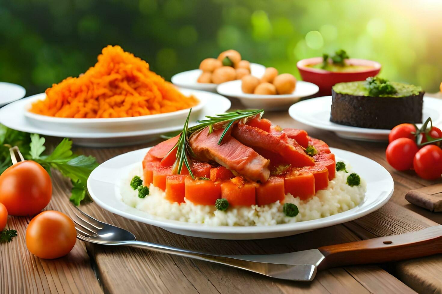 un' tavolo con cibo e verdure su esso. ai-generato foto