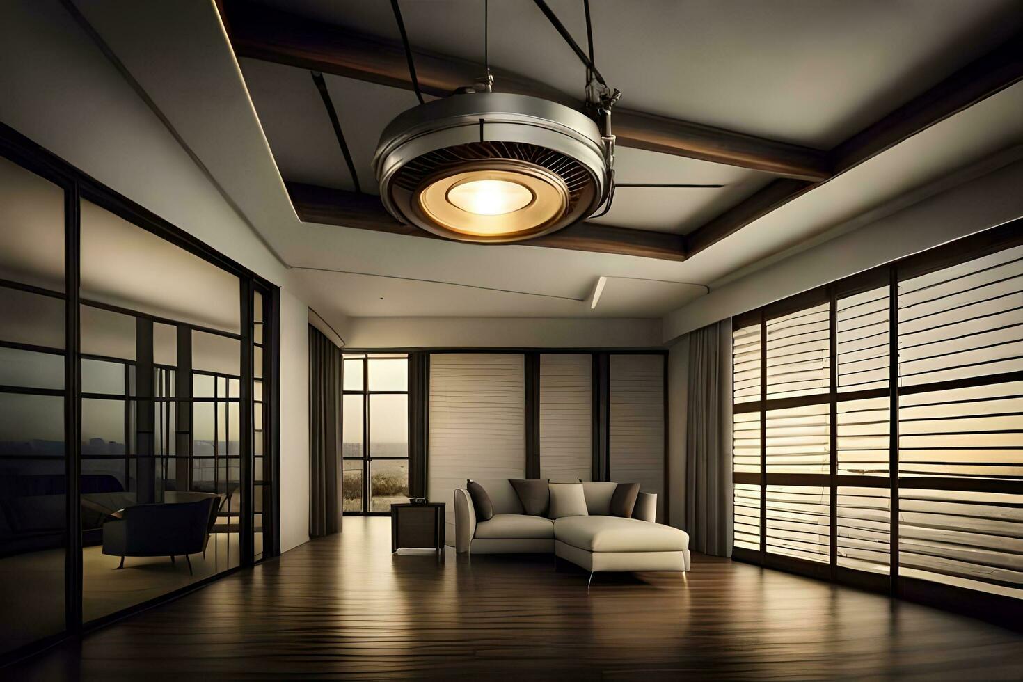 un' moderno vivente camera con un' grande finestra e un' soffitto fan. ai-generato foto