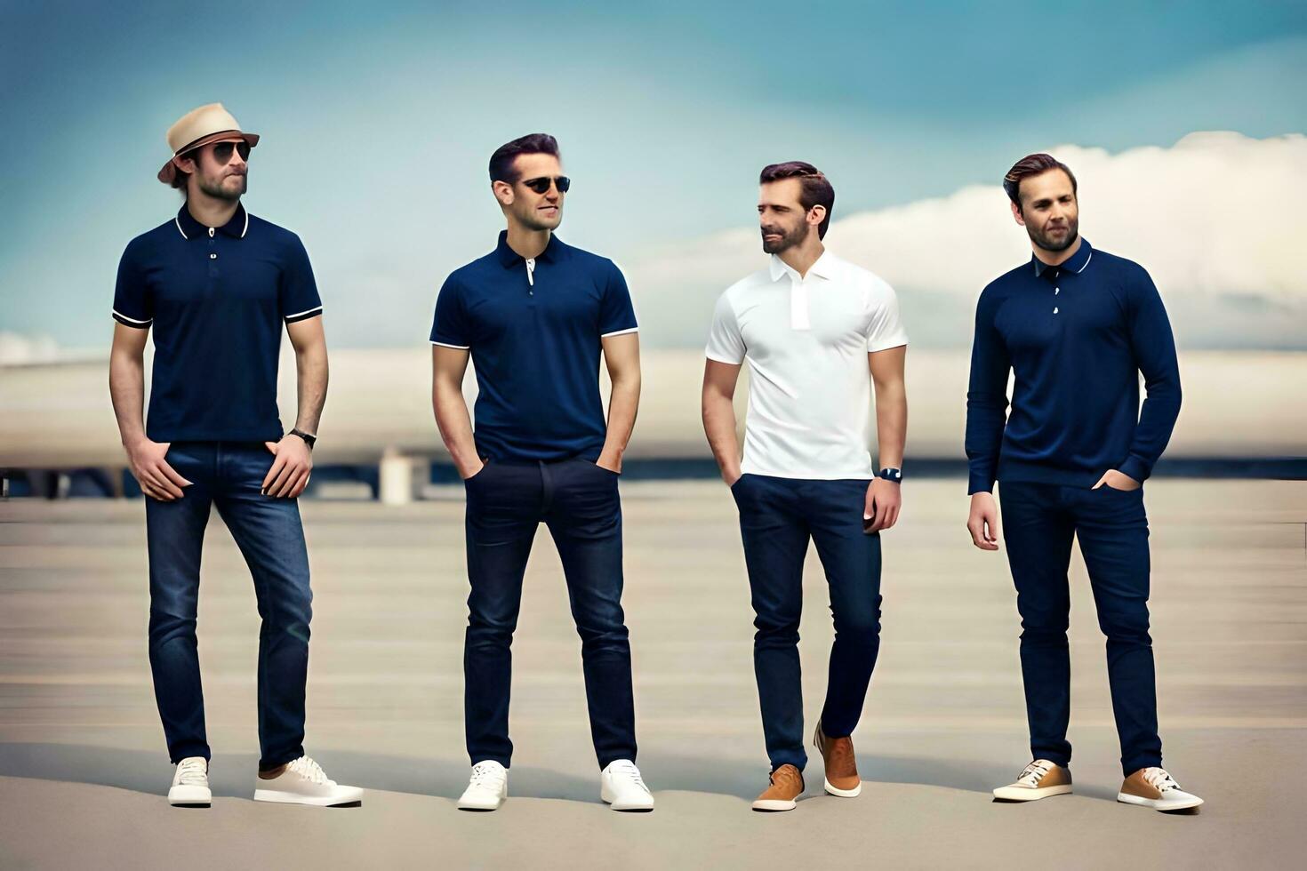 cinque uomini nel Marina Militare polo camicie in piedi su un aeroporto pista di decollo. ai-generato foto