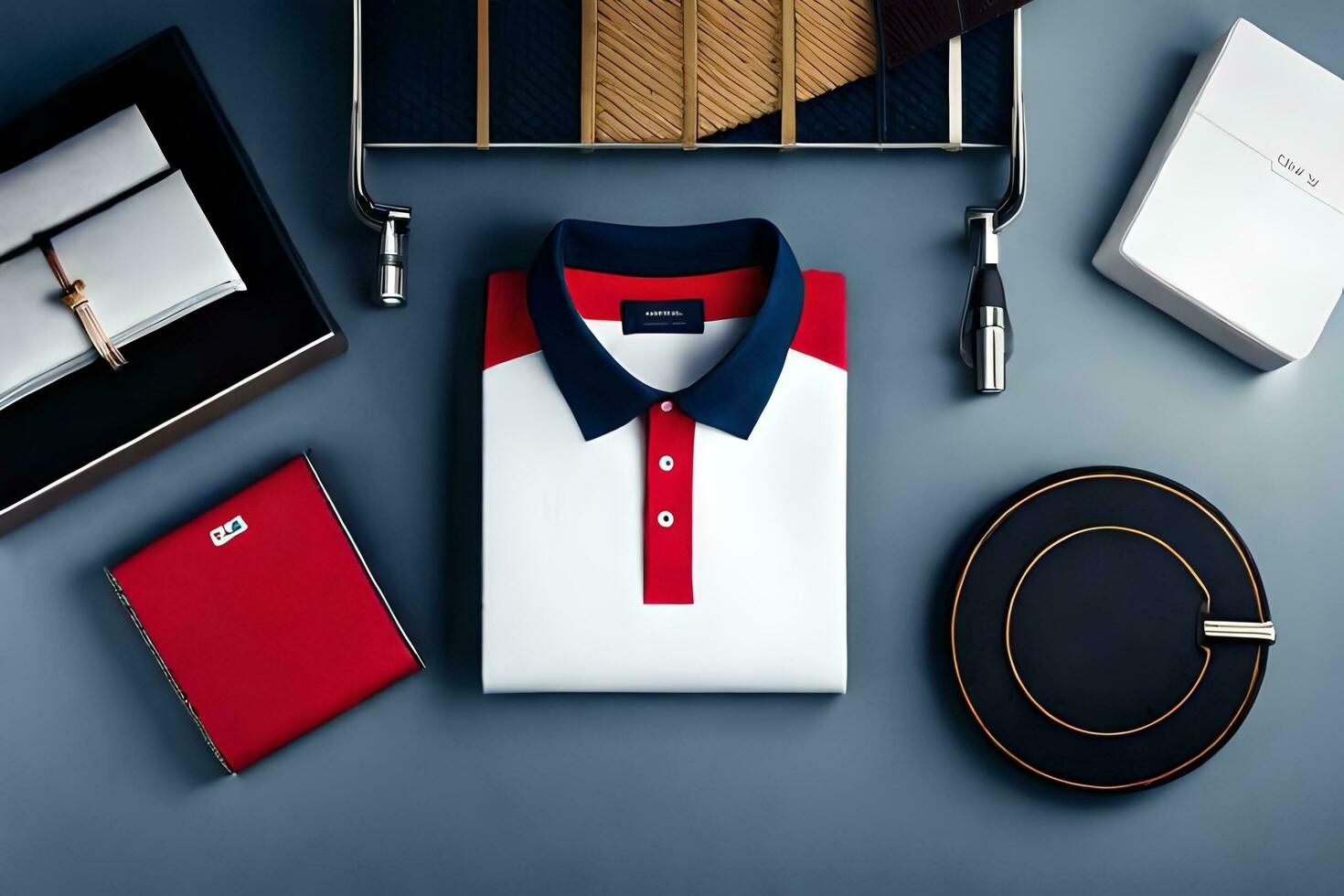 un' rosso, bianca e blu polo camicia, un' portafoglio e un' guarda. ai-generato foto
