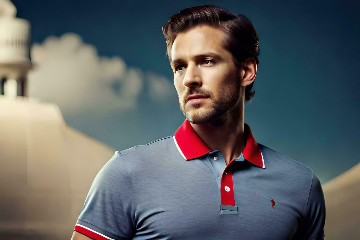 un' uomo nel un' blu e rosso polo camicia. ai-generato foto