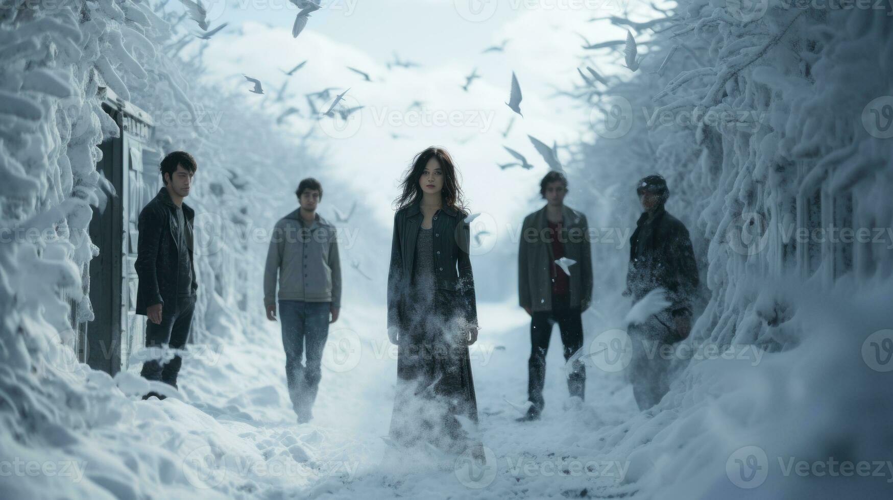 gruppo di musica gruppo musicale a piedi attraverso il neve nel inverno, futuristico copertina etichetta. foto