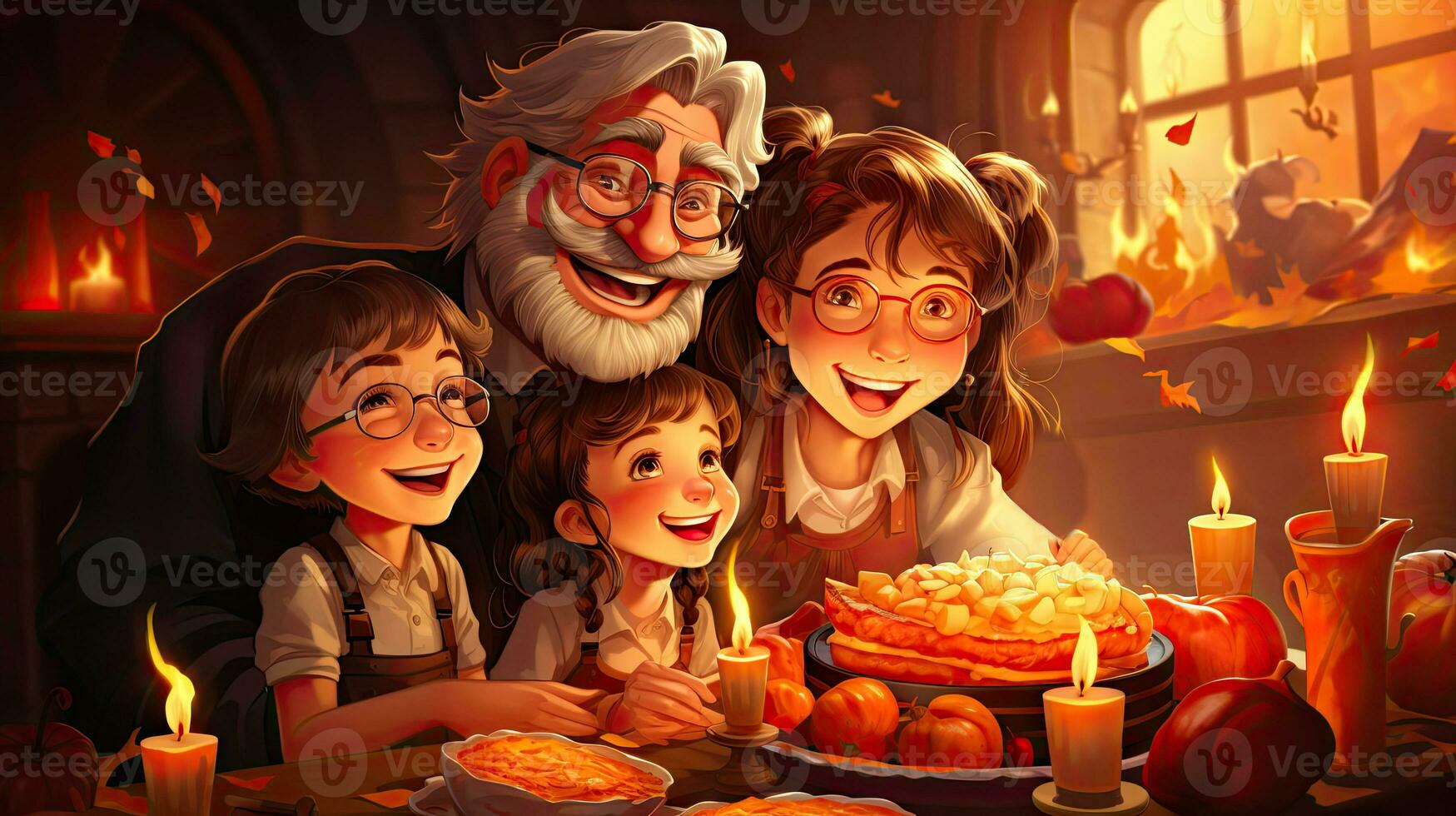 contento ringraziamento giorno contento famiglia festeggiare a casa con candele e torta - illustrazione per bambini. foto