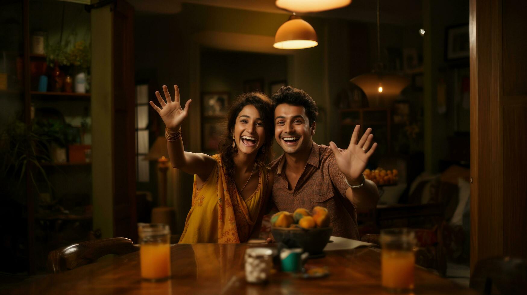 indiano coppia festeggiare Diwali e agitando mani insieme nel cucina. foto