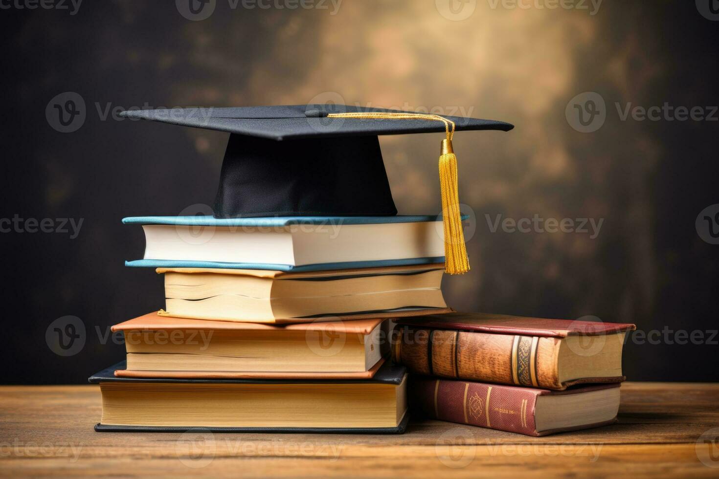 la laurea berretto su un' pila di libri su di legno scrivania , formazione scolastica sfondo. generato di artificiale intelligenza foto
