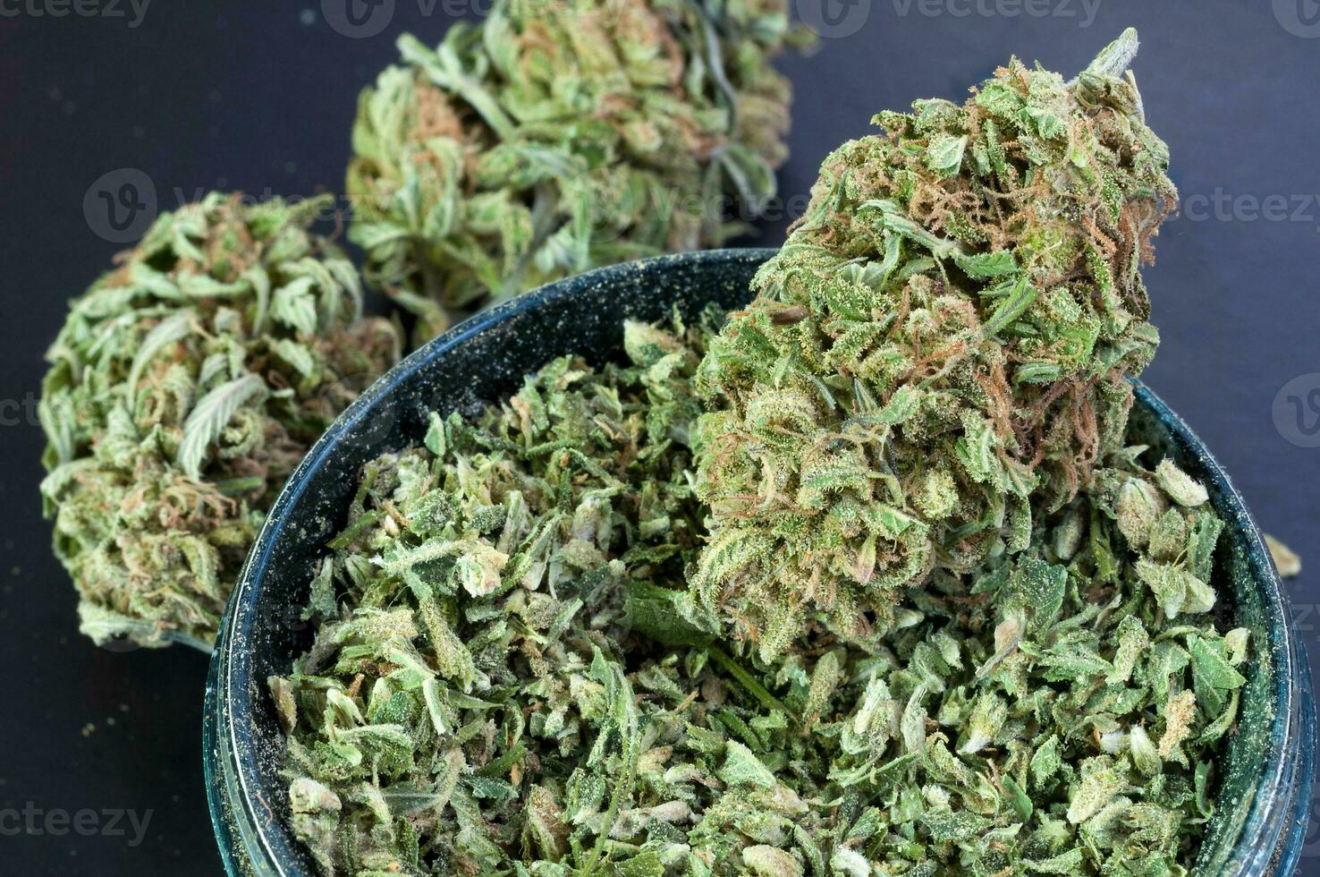 asciutto fiori di medico marijuana e macinino pieno di schiacciato mini cuffie vicino su su nero sfondo foto