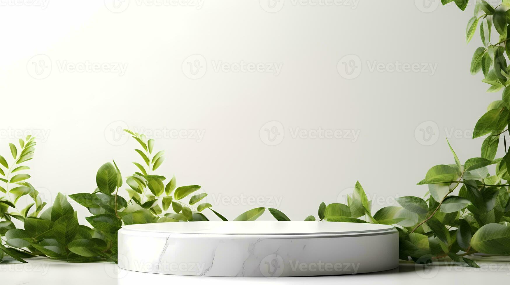 vuoto bianca podio con bianca parete e pianta. sfondo scena per Prodotto presentazione. ai generativo foto