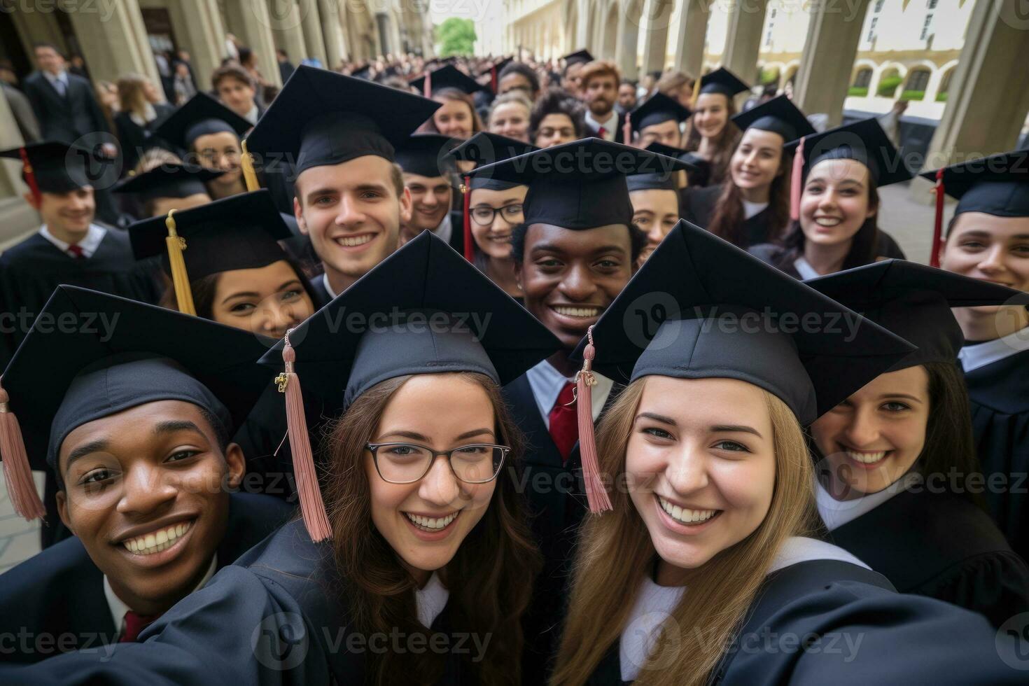 studenti nel la laurea costume assunzione autoscatto all'aperto. generativo ai foto