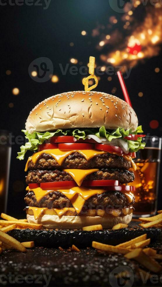 caldo e delizioso hamburger con nero sfondo, ai generato foto