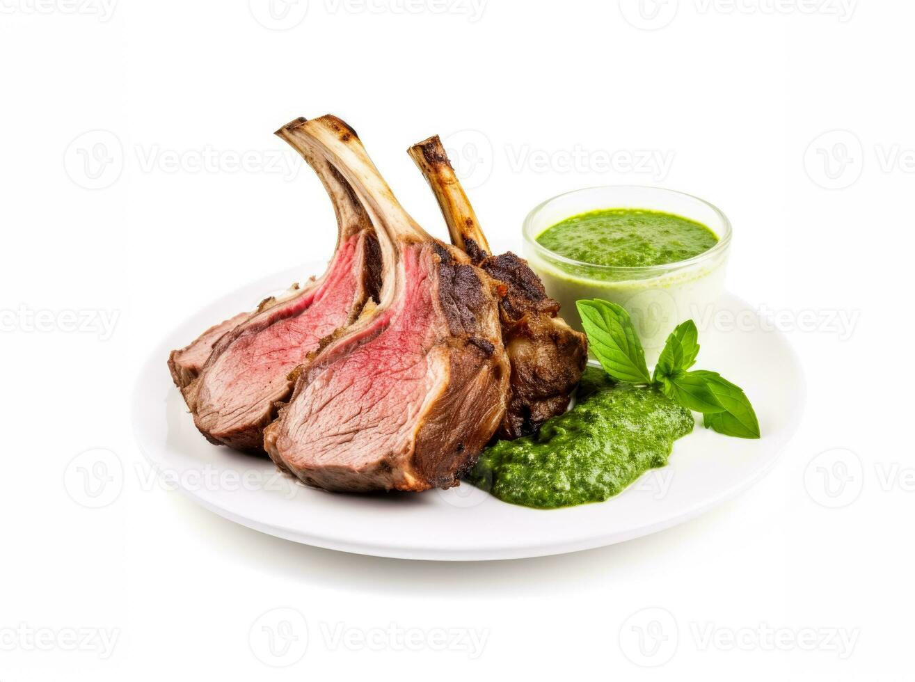 buongustaio arrostito agnello cremagliera con piccante menta salsa impeccabilmente isolato su bianca foto