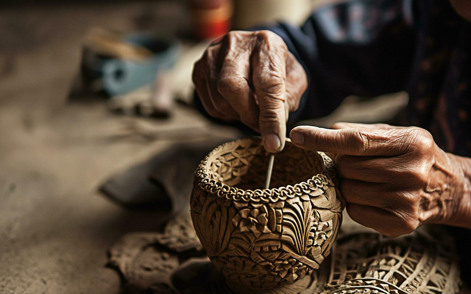 intaglio a mano un' floreale design su un' argilla pentola nel un' ceramica laboratorio foto