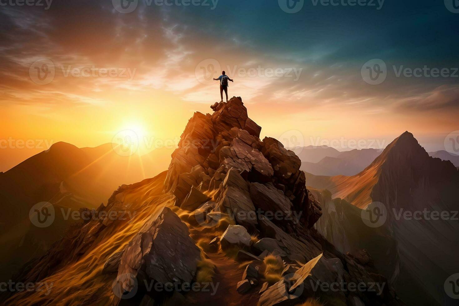 uomo in piedi su superiore di un' scogliera a tramonto con luce del sole Guardando il bellissimo montagna. realizzazione successo concetto. ai generato foto