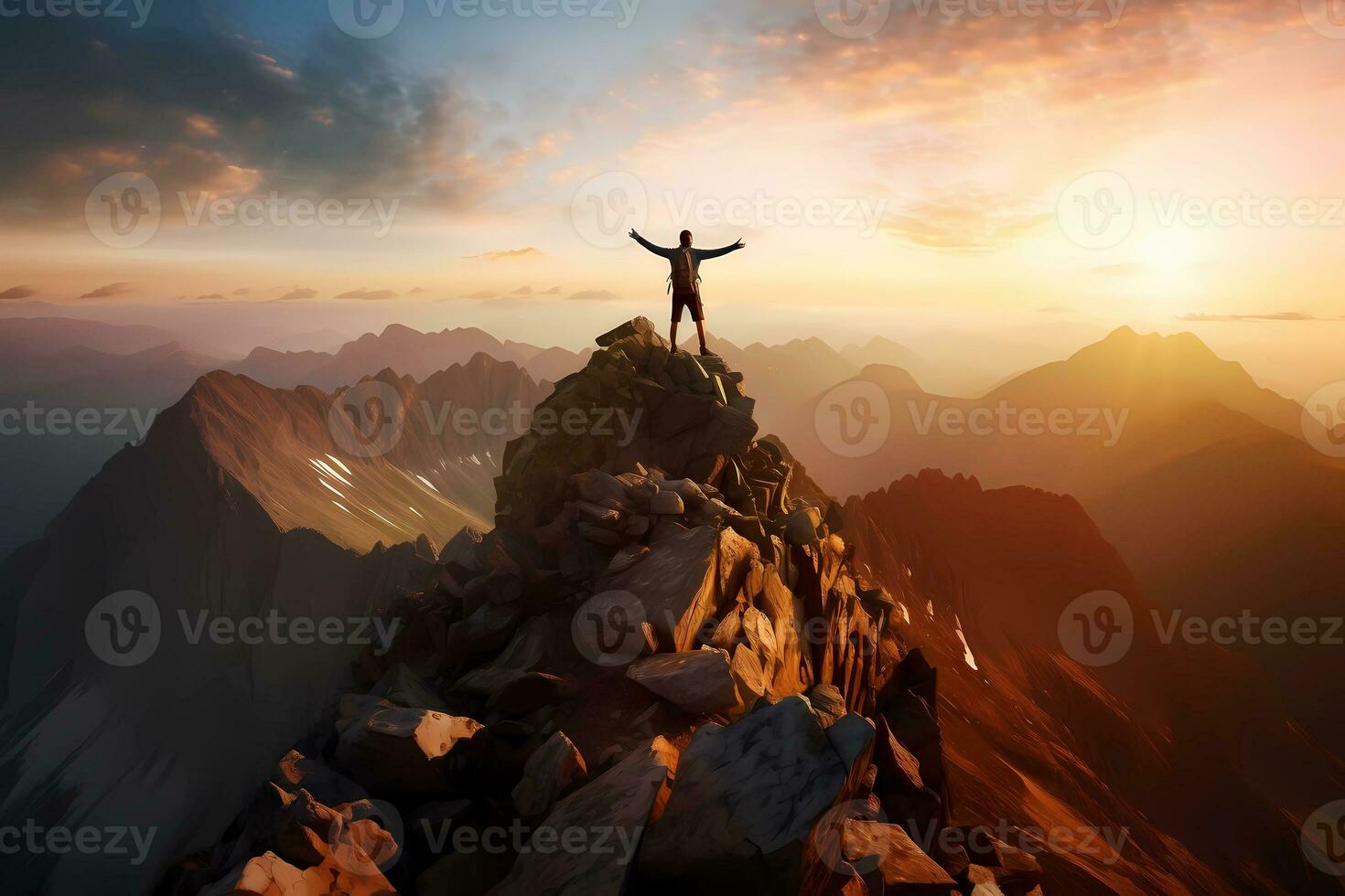 uomo in piedi su superiore di un' scogliera a tramonto con luce del sole Guardando il bellissimo montagna. realizzazione successo concetto. ai generato foto