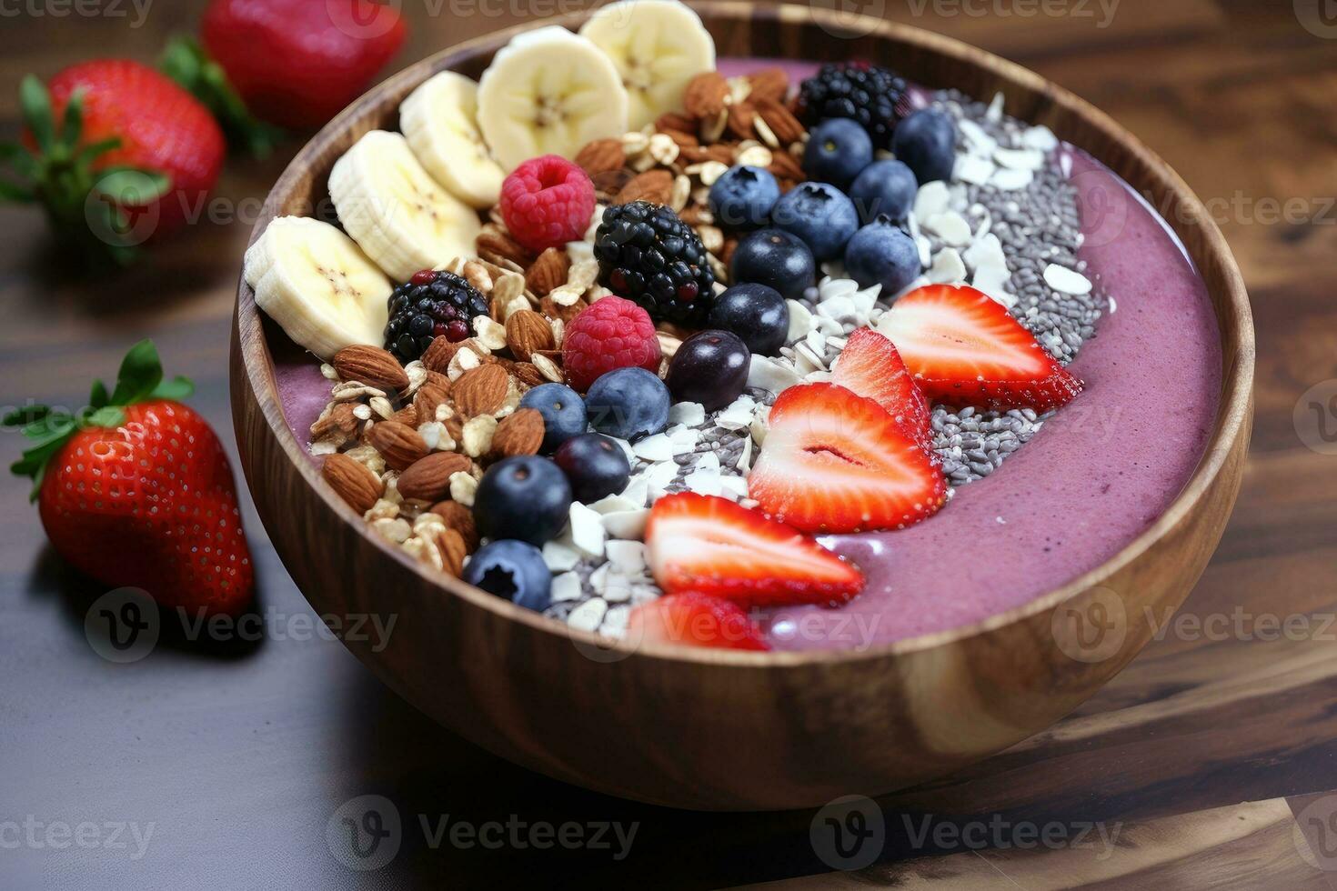 estate acai frullato ciotola con vario frutta e frutti di bosco. salutare prima colazione. ai generativo foto