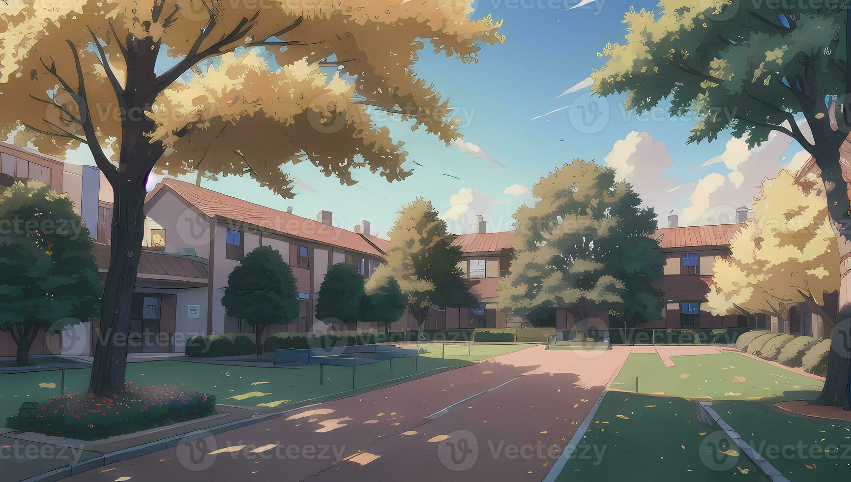 Università scuola complesso visivo romanzo anime manga sfondo sfondo su un' soleggiato giorno foto