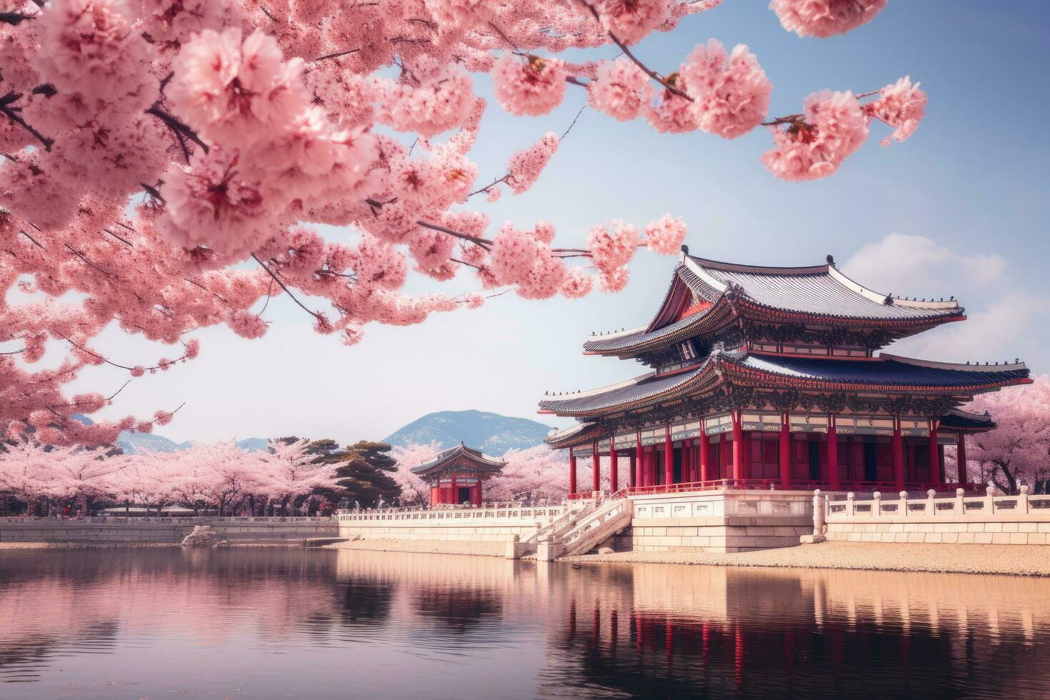 bellissimo Gyeongbokgung palazzo nel seoul, Sud Corea, Gyeongbokgung palazzo con ciliegia fiorire albero nel primavera tempo nel Seoul città di Corea, Sud Corea, ai generato foto