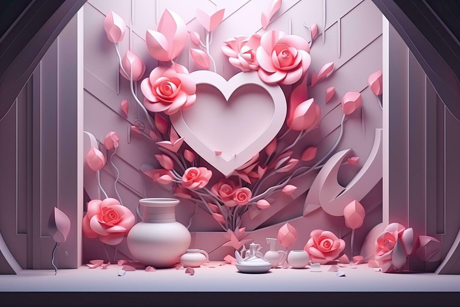 3d illustrazione di San Valentino giorno sfondo con cuore e fiori, contento madri giorno moderno bandiera disegno, ai generato foto