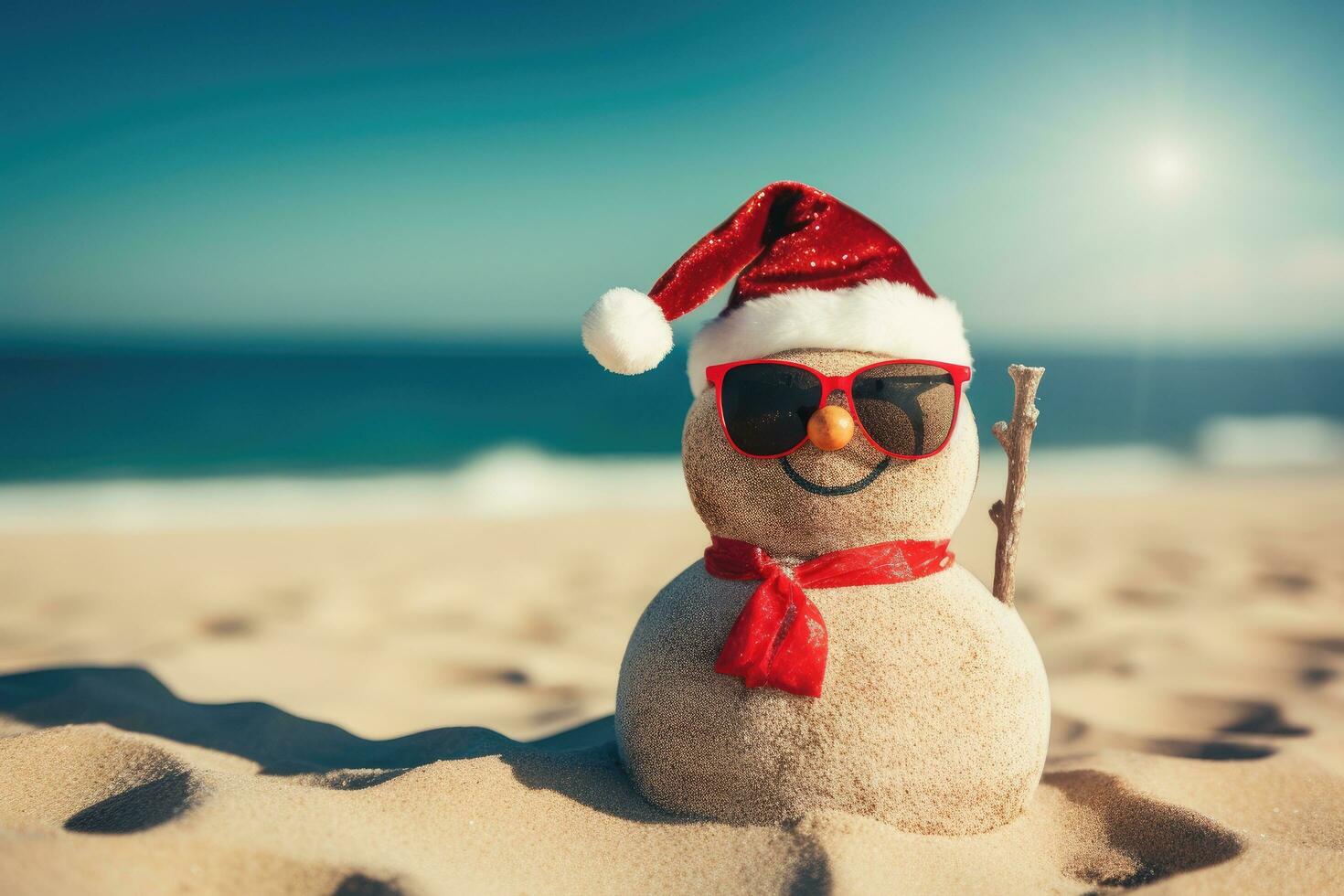 pupazzo di neve nel occhiali da sole su il spiaggia. Natale e nuovo anno concetto, contento sabbioso pupazzo di neve con occhiali da sole e Santa cappello su soleggiato Natale giorno pomeriggio, ai generato foto