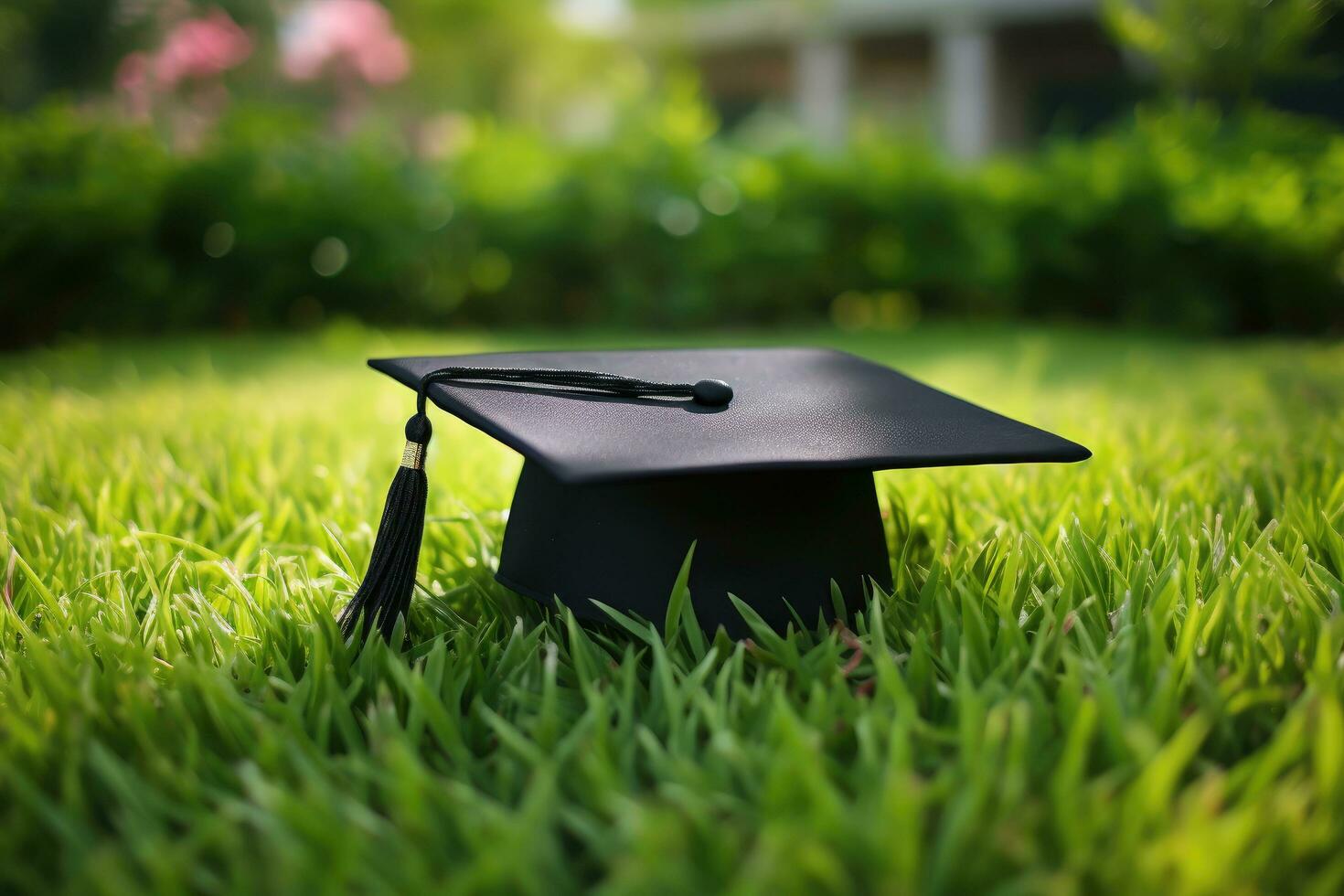 la laurea cappello su verde erba nel il giardino. formazione scolastica concetto, la laurea cappello bugie su verde erba, ai generato foto