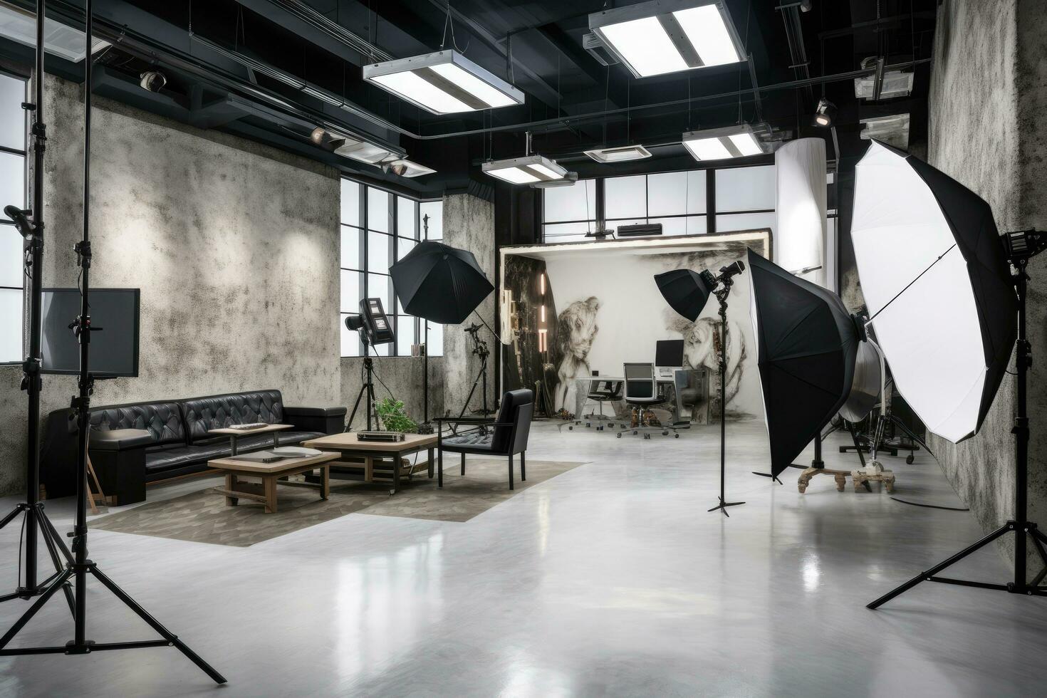 interno di moderno foto studio con professionale attrezzatura e illuminazione attrezzatura, interno di moderno foto studio con professionale attrezzatura, ai generato