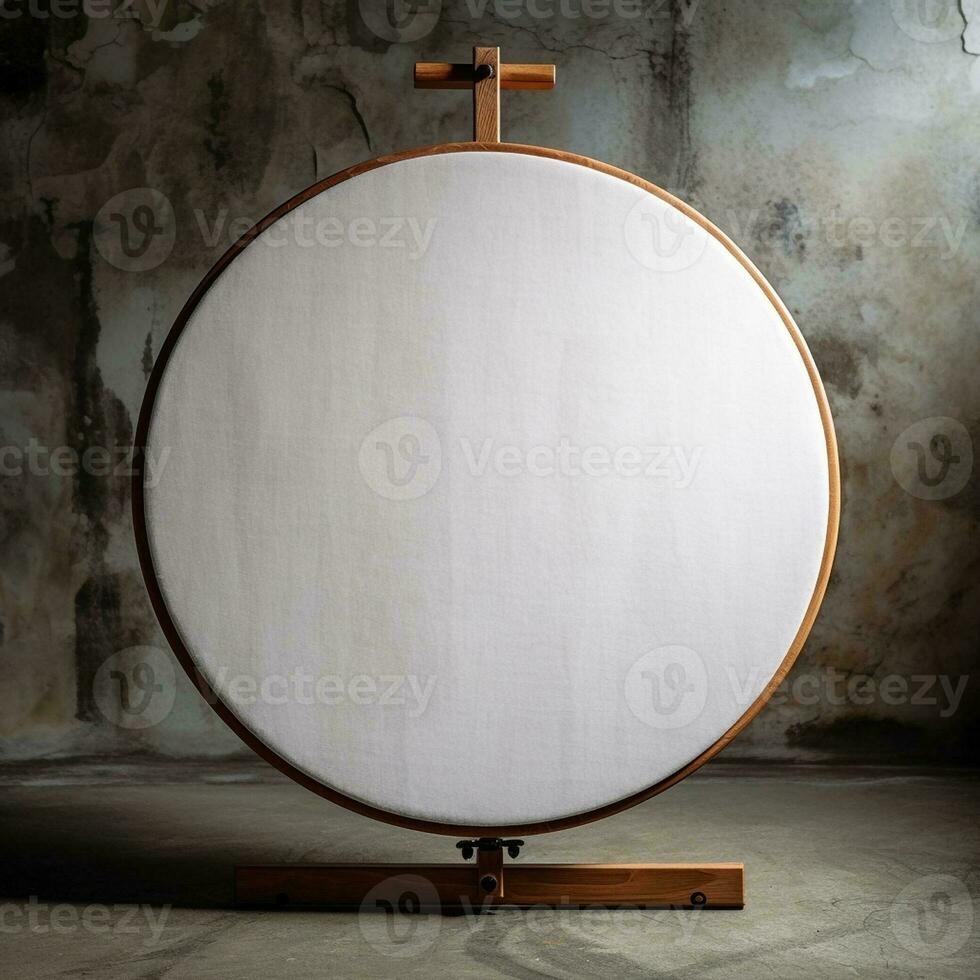 vuoto bianca tela su di legno cerchio, creato con generativo ai foto